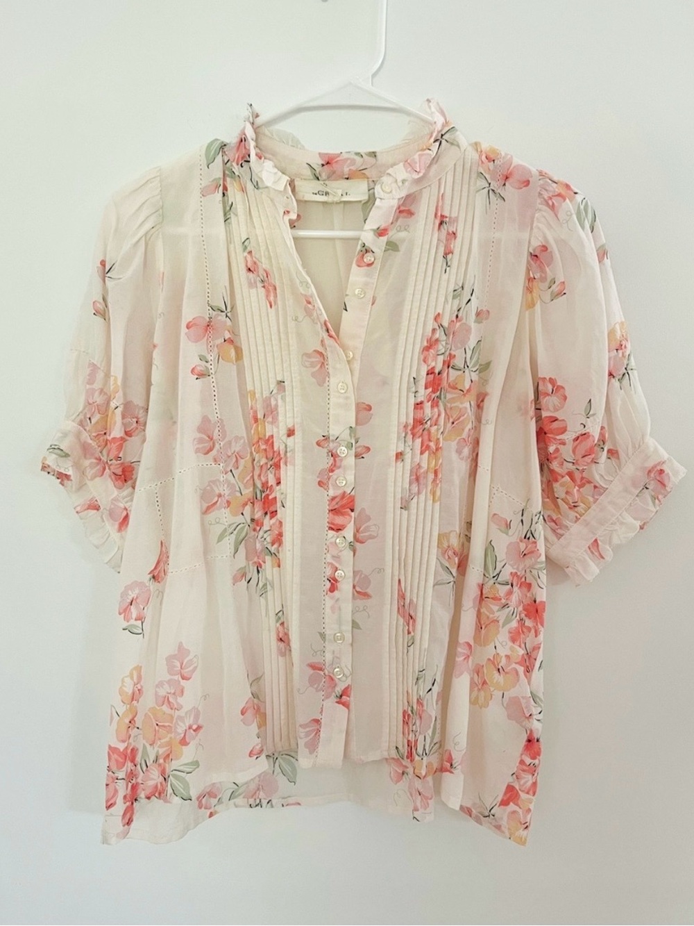 THE GREAT. Floral Pintucked Cotton Button-Front Blouse Size 0 (XS/S)